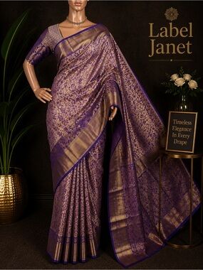 Purple and Gold Woven Kanjipuram silk saree with stitched blouse (Brand New)